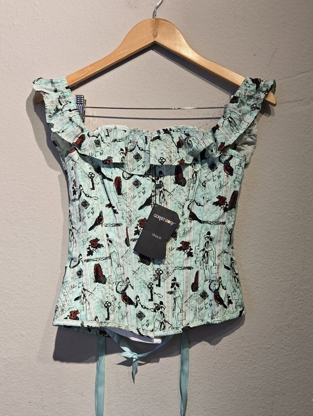 Corset Story Off Shoulder Ruffle Steel Boned Corset Women's UK 6 Retro blue teal